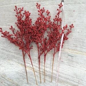Red Glitter Berry Spray Picks Lot of 5 Holiday Floral Tree Stems